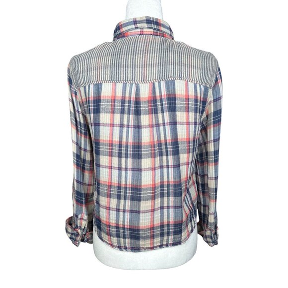 Free People Plaid Button Front Shirt Medium Blue Red Long Sleeve Western Top - Picture 4 of 9